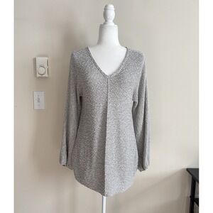 Margaret O'Leary Textured Sweater Medium Chunky Knit V‎ Neck Neutral Hippie Boho